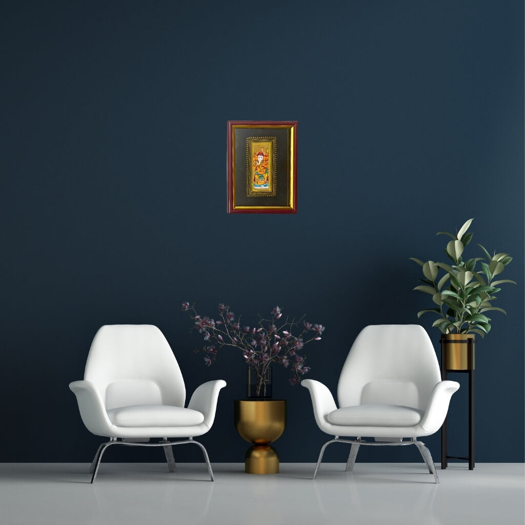 Palm Leaf Engraved Painting | Lord Ganesha Pattachitra Wall Hanging - Black BG (FRAMED) - Taalapatra Vibes