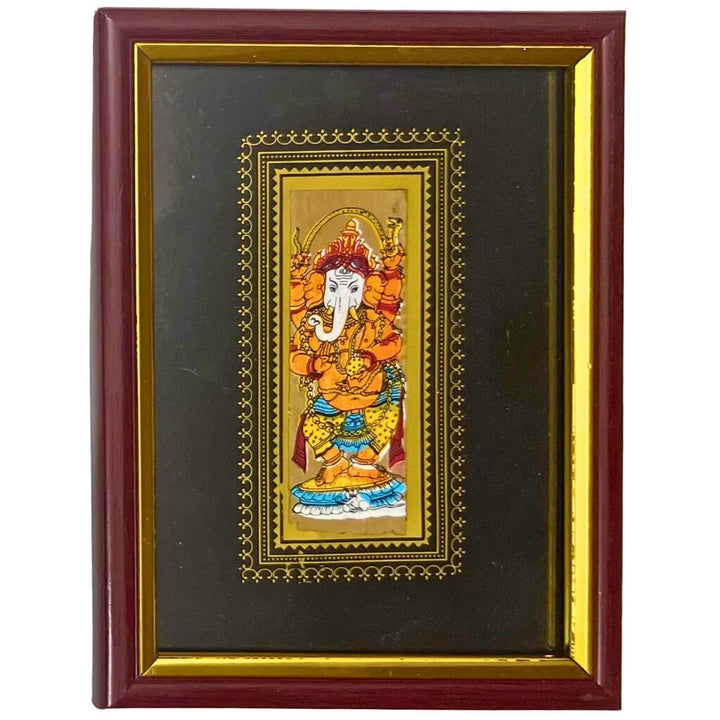 Palm Leaf Engraved Painting | Lord Ganesha Pattachitra Wall Hanging - Black BG (FRAMED) - Taalapatra