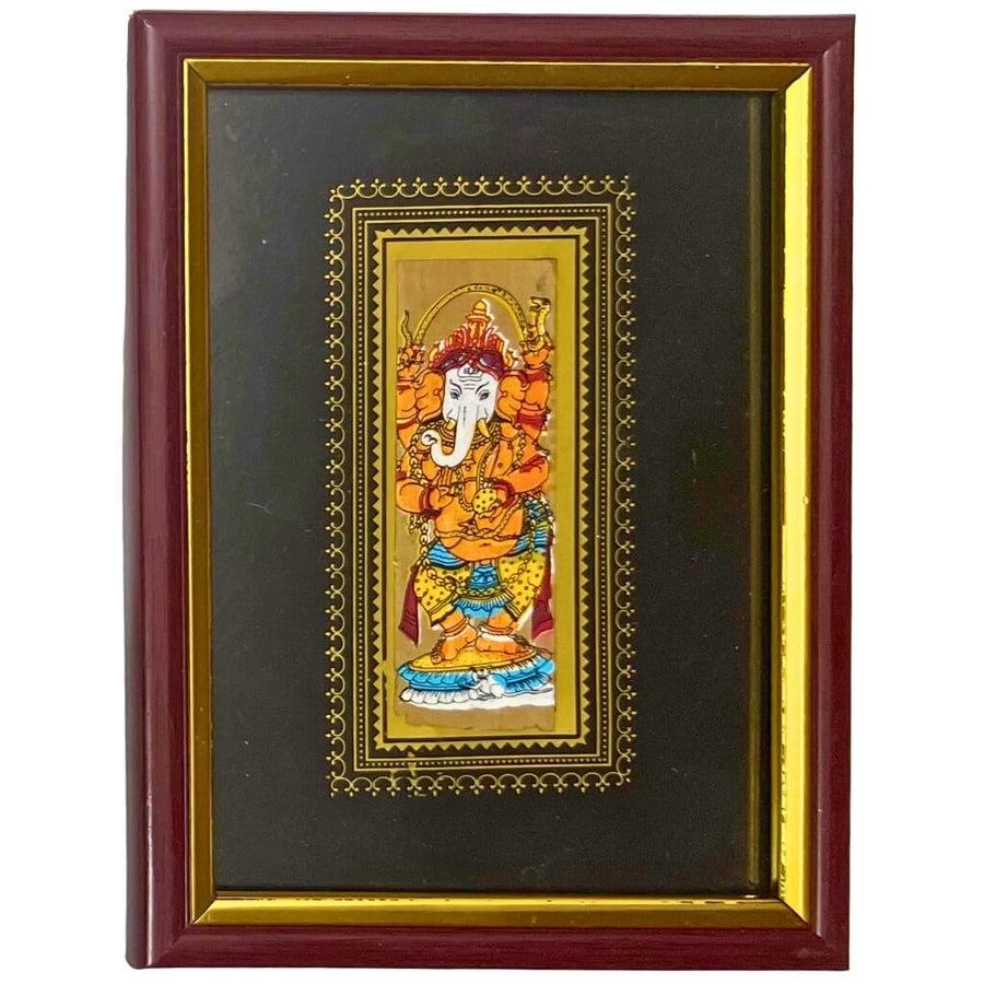 Palm Leaf Engraved Painting | Lord Ganesha Pattachitra Wall Hanging - Black BG (FRAMED) - Taalapatra