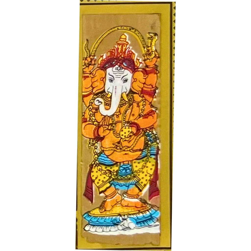 Palm Leaf Engraved Painting | Lord Ganesha Pattachitra Wall Hanging - Black BG (FRAMED) - Taalapatra