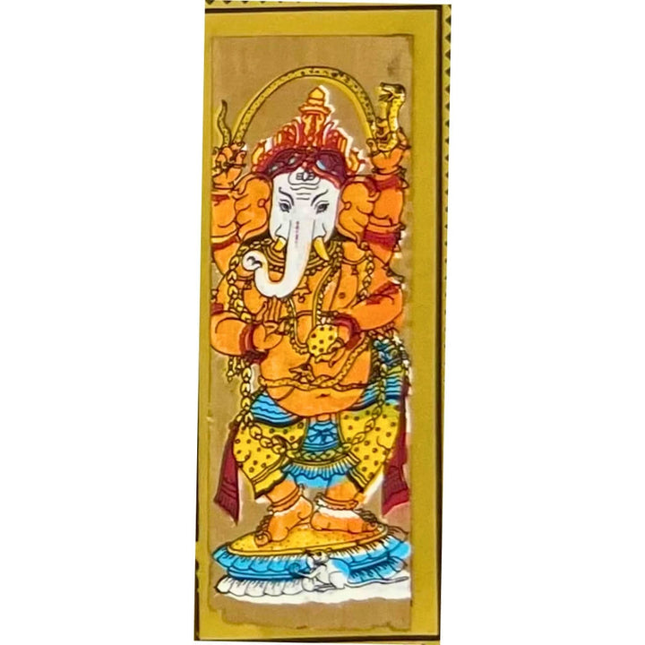 Palm Leaf Engraved Painting | Lord Ganesha Pattachitra Wall Hanging - Black BG (FRAMED) - Taalapatra