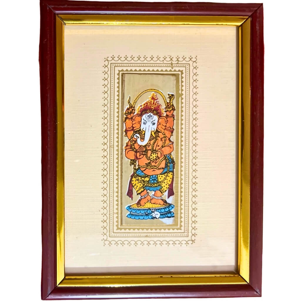Palm Leaf Engraved Painting | Lord Ganesha Pattachitra Wall Hanging - White BG (FRAMED) - Taalapatra Vibes