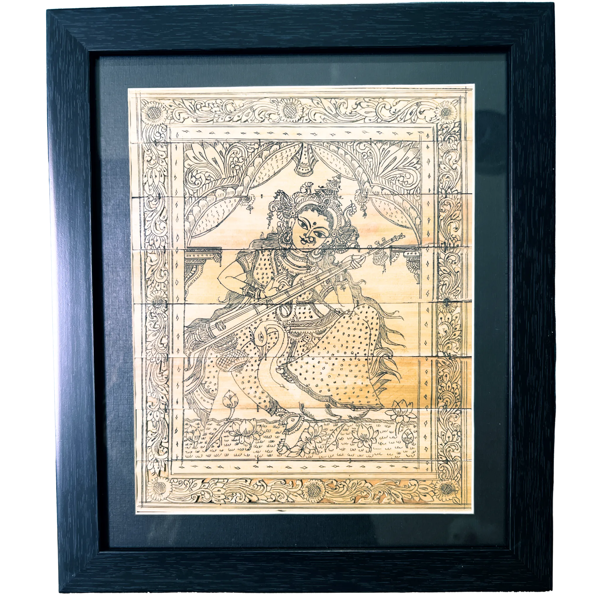 Palm Leaf Engraved Painting | Goddess Saraswati Wall Hanging - Monochrome (FRAMED)