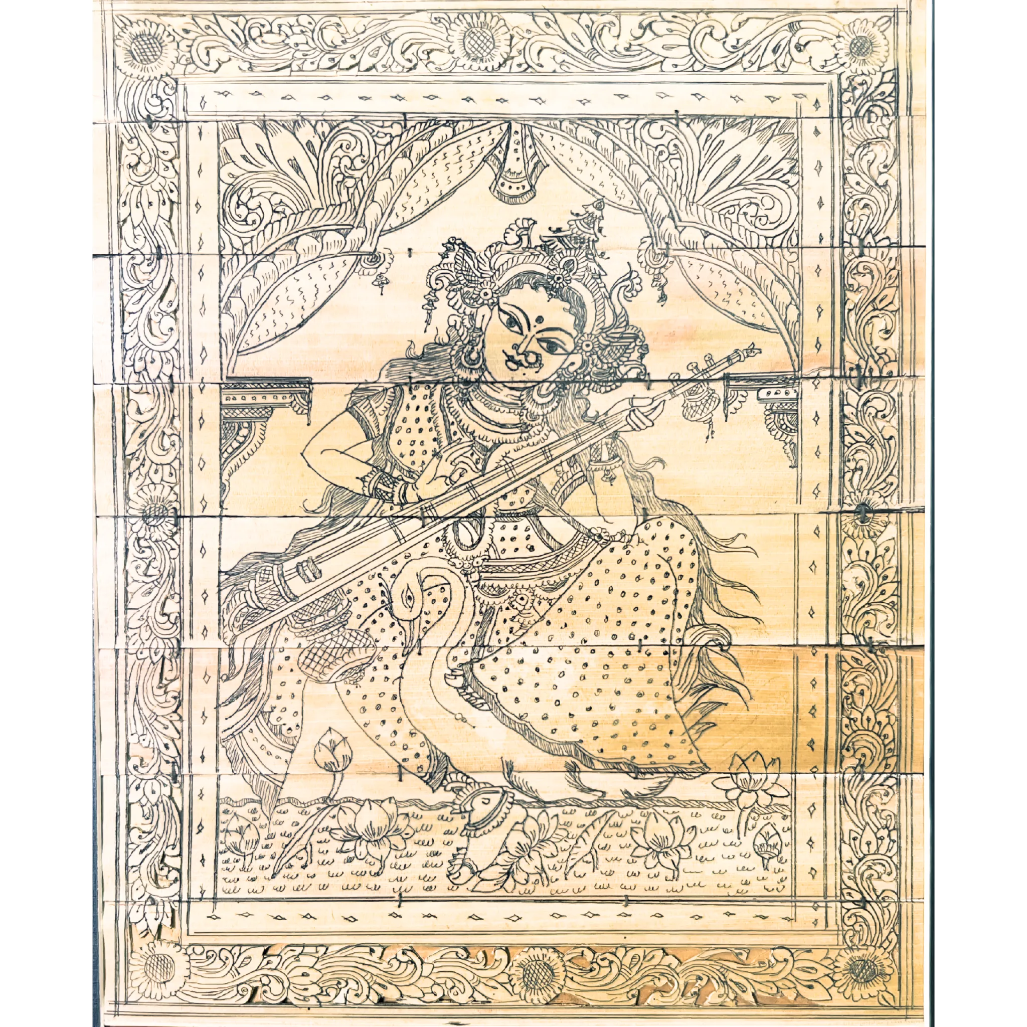 Palm Leaf Engraved Painting | Goddess Saraswati Wall Hanging - Monochrome (FRAMED)