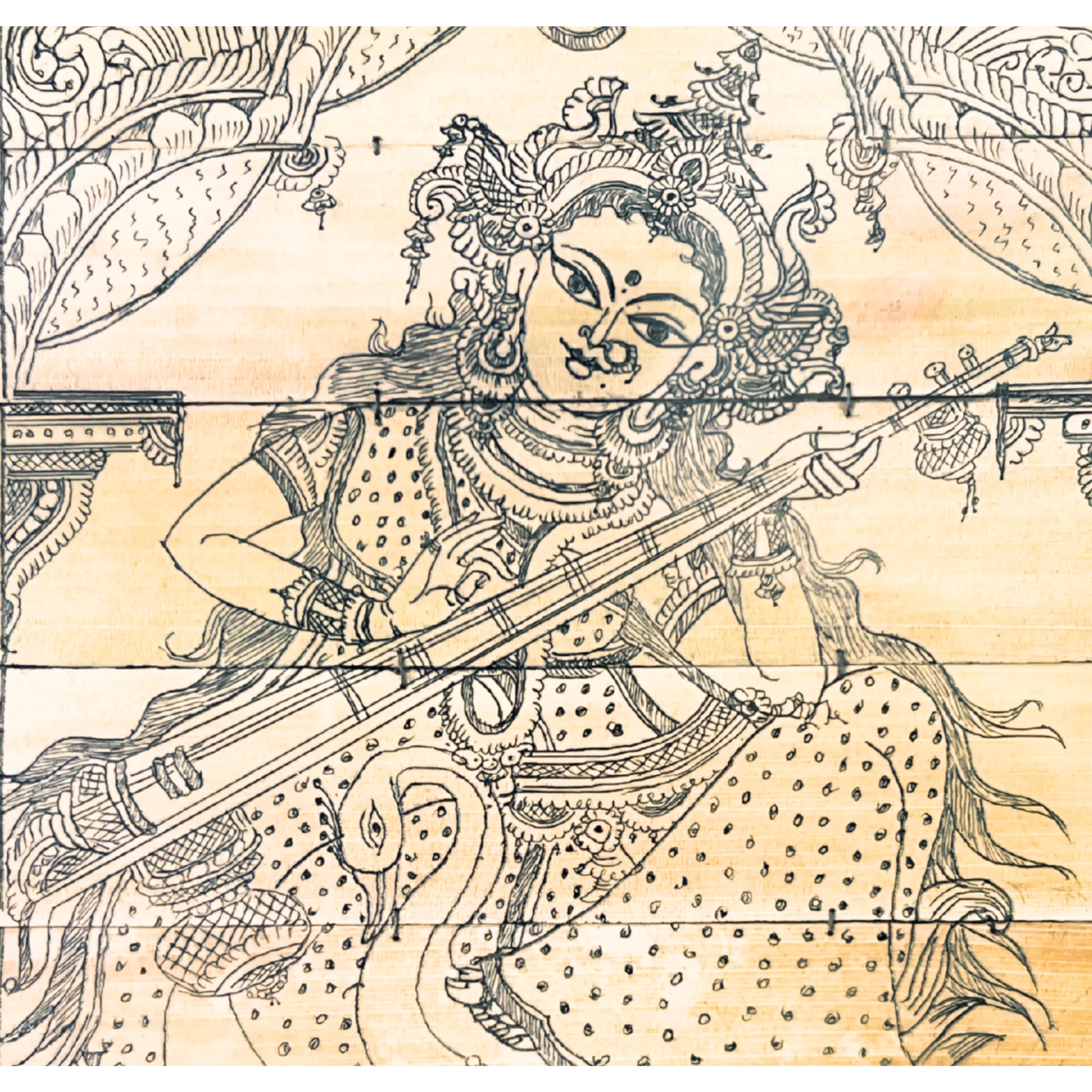 Palm Leaf Engraved Painting | Goddess Saraswati Wall Hanging - Monochrome (FRAMED)