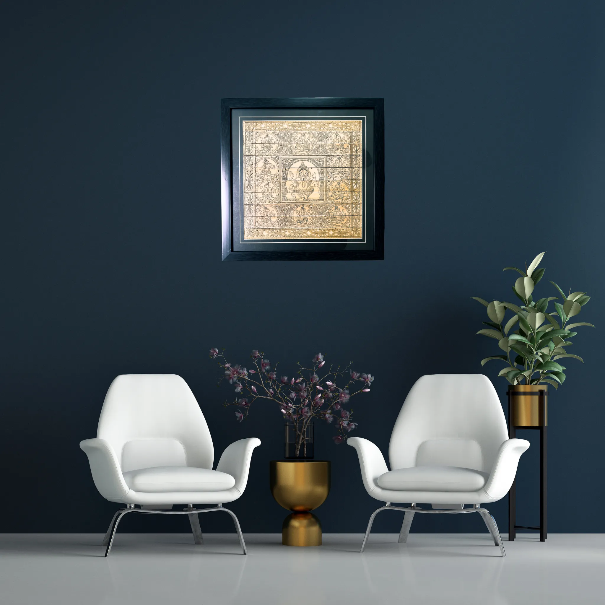 Palm Leaf Engraved Painting | Lord Ganesha Surrounded by His Forms (FRAMED)