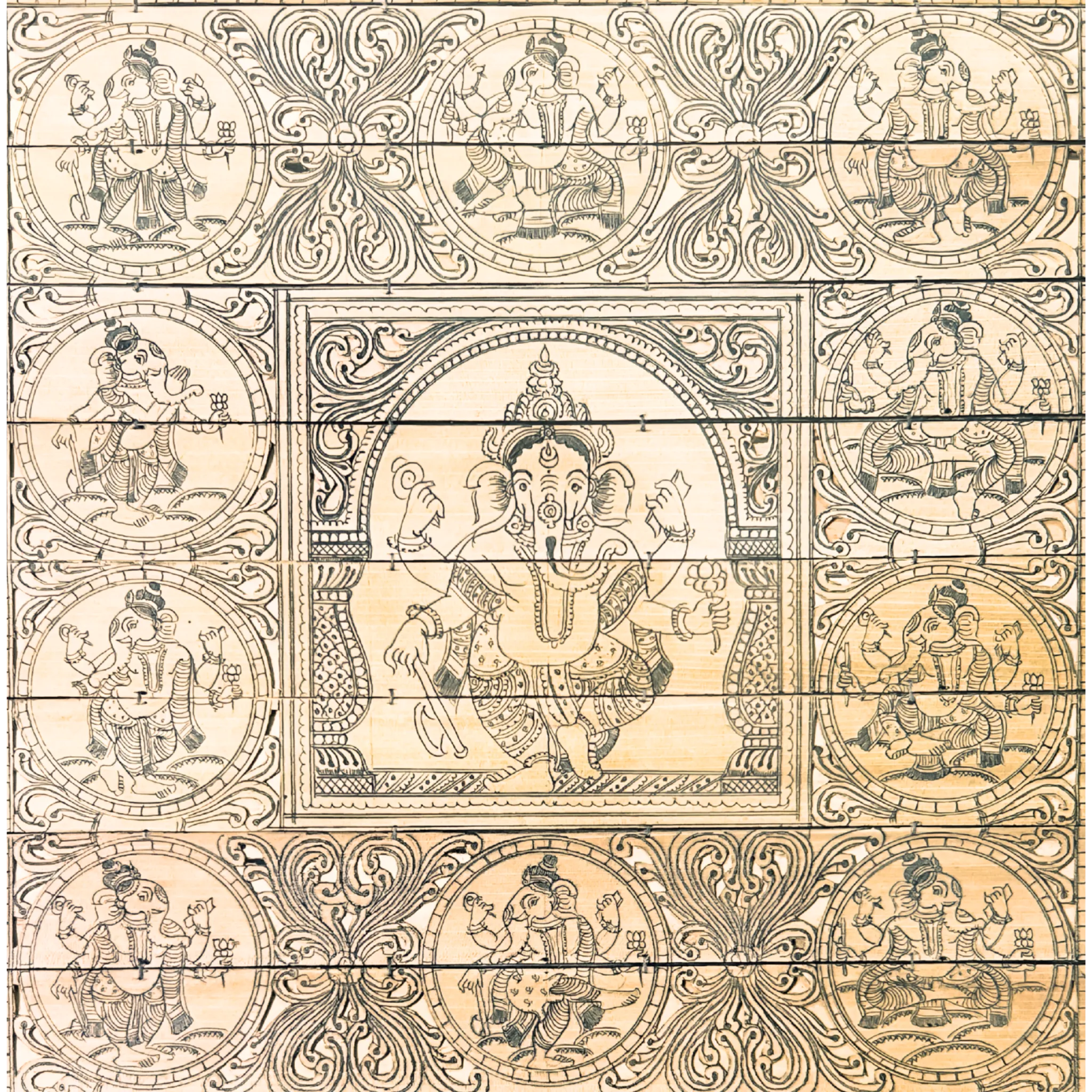 Palm Leaf Engraved Painting | Lord Ganesha Surrounded by His Forms (FRAMED)