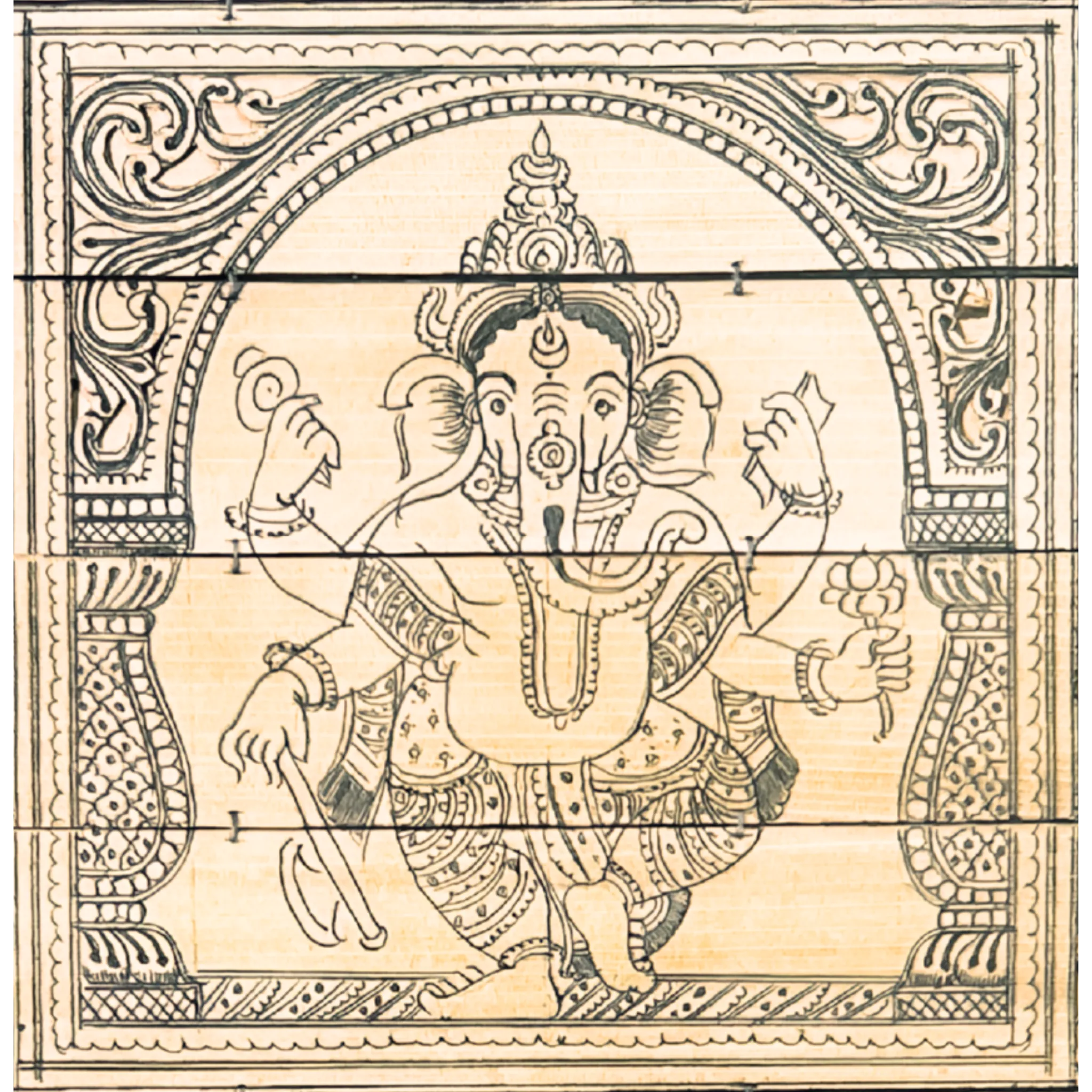 Palm Leaf Engraved Painting | Lord Ganesha Surrounded by His Forms (FRAMED)