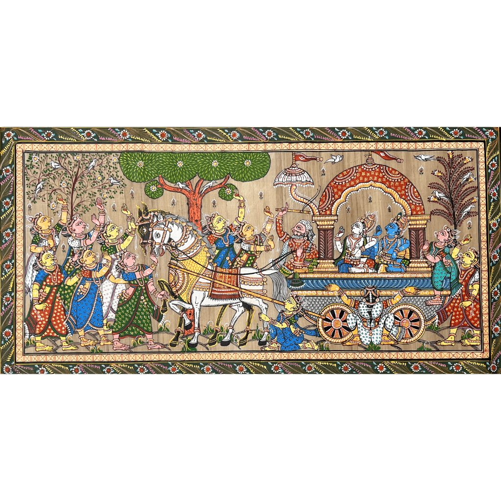 Pattachitra Painting | Mathura Vijay - Shri Krishna and Lord Balaram on Chariot - UNFRAMED - Taalapatra Vibes