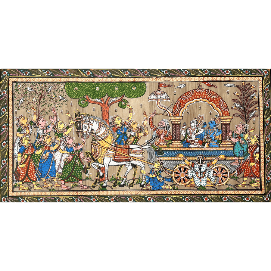 Pattachitra Painting | Mathura Vijay - Shri Krishna and Lord Balaram on Chariot - UNFRAMED - Taalapatra
