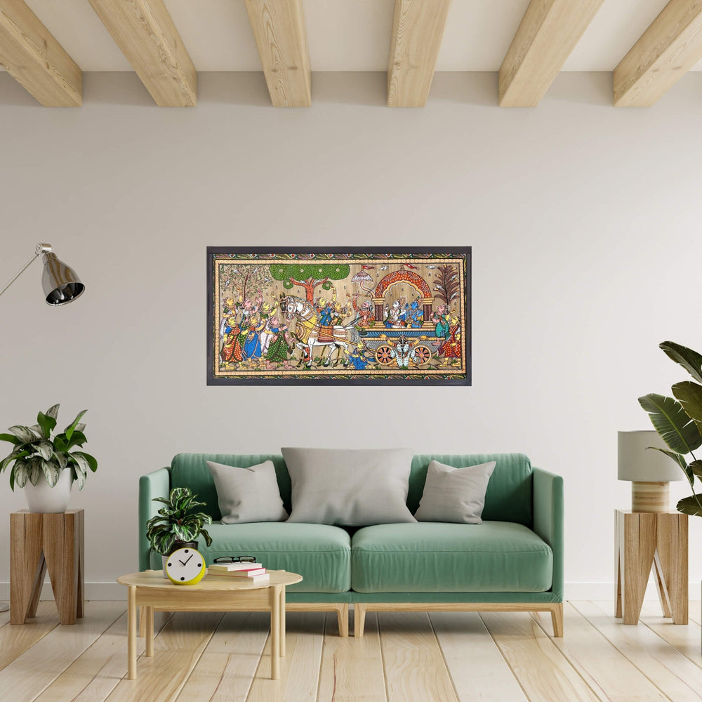 Pattachitra Painting | Mathura Vijay - Shri Krishna and Lord Balaram on Chariot - UNFRAMED - Taalapatra