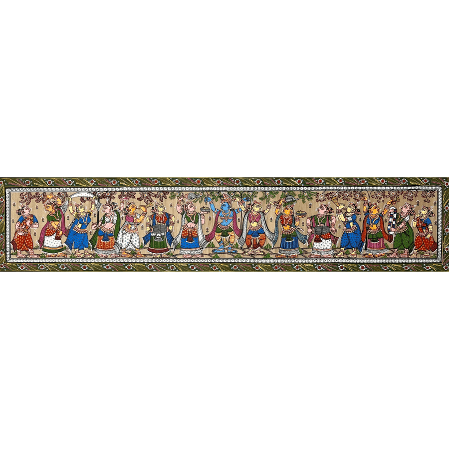 Pattachitra Painting | Sri Krishna Raas Leela (Long Format Canvas) - UNFRAMED - Taalapatra