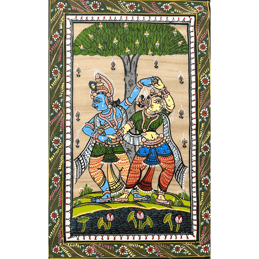 Pattachitra Painting | Dancing Radha Krishna (Pond Side) - UNFRAMED - Taalapatra