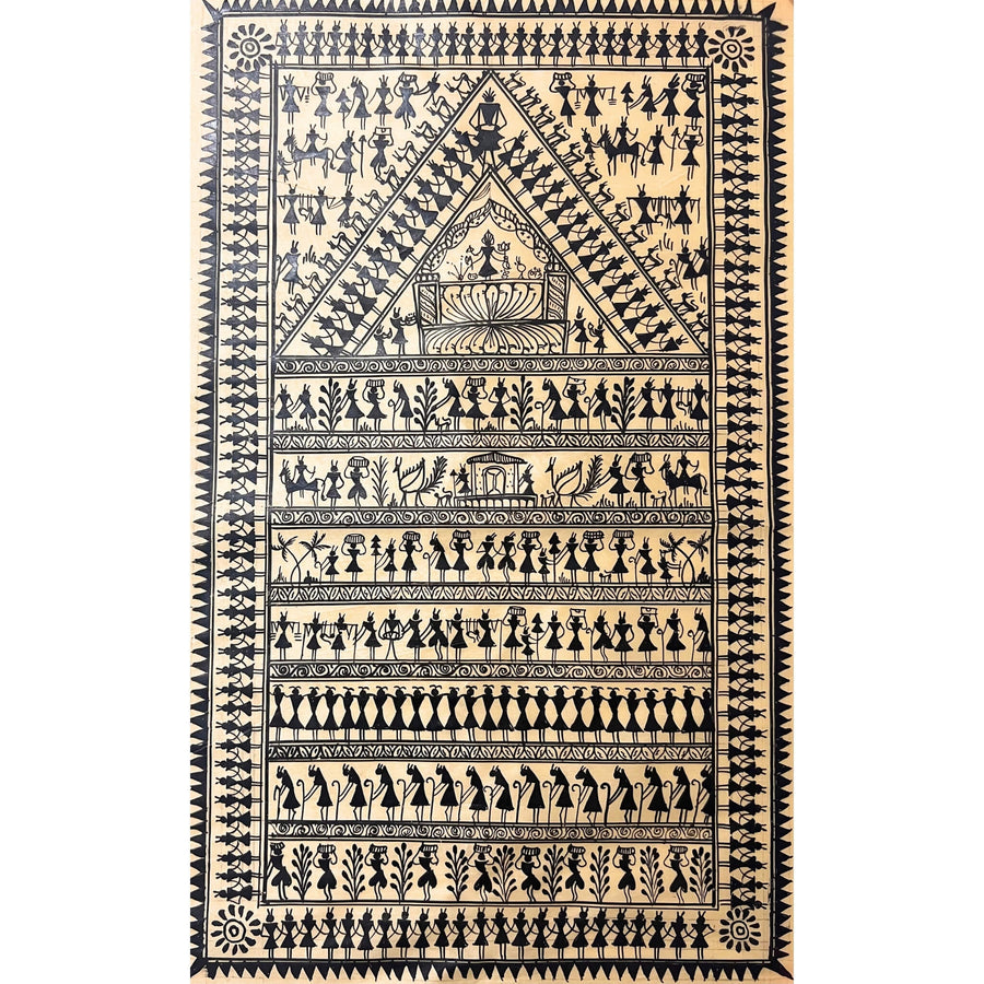 Pattachitra Painting | Saura Tribal Artwork - Monochrome (Medium Canvas) - UNFRAMED - Taalapatra