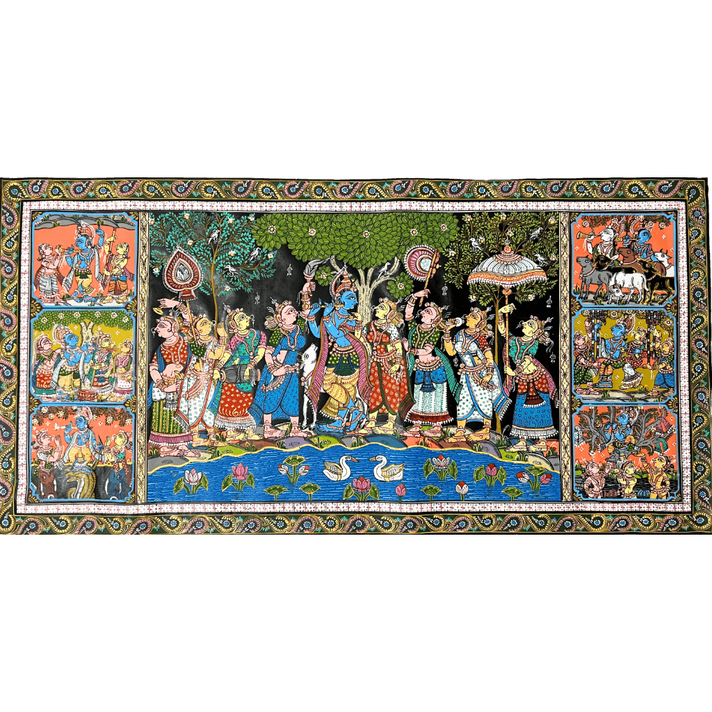 Pattachitra Painting | Radha Krishna Raas Leela and Baal Leela Story (Pond Side) - UNFRAMED - Taalapatra Vibes