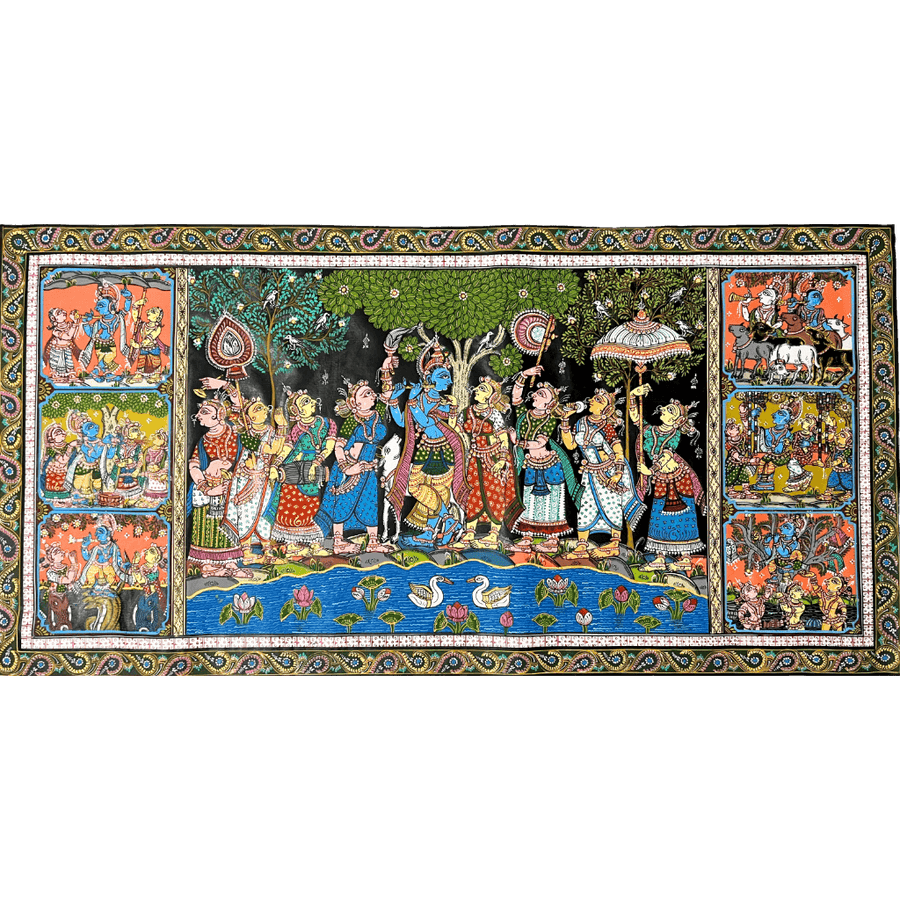 Pattachitra Painting | Radha Krishna Raas Leela and Baal Leela Story (Pond Side) - UNFRAMED - Taalapatra