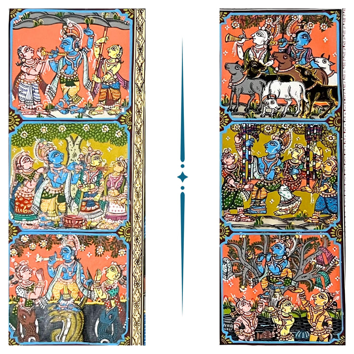Pattachitra Painting | Radha Krishna Raas Leela and Baal Leela Story (Pond Side) - UNFRAMED - Taalapatra