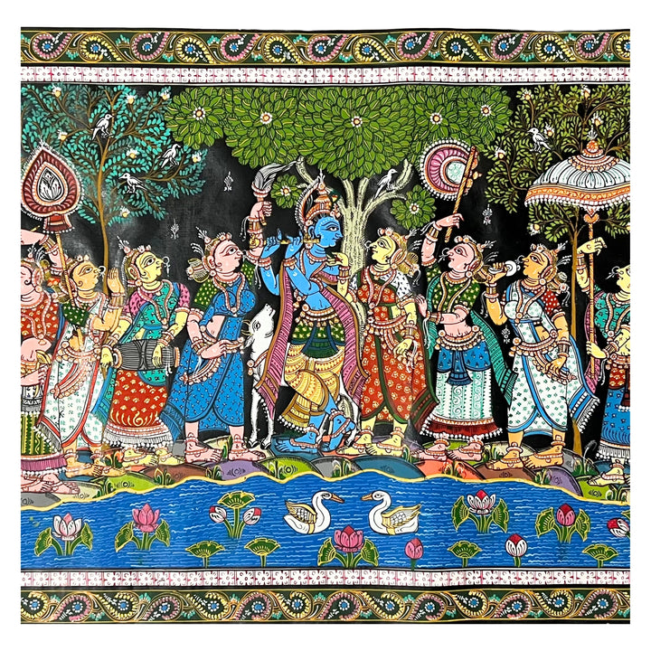 Pattachitra Painting | Radha Krishna Raas Leela and Baal Leela Story (Pond Side) - UNFRAMED - Taalapatra