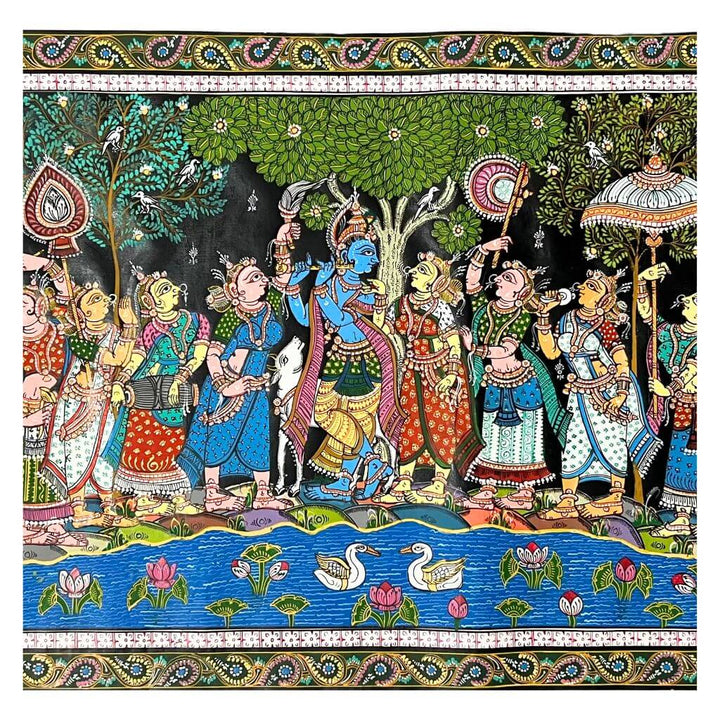 Pattachitra Painting | Radha Krishna Raas Leela and Baal Leela Story (Pond Side) - UNFRAMED - Taalapatra