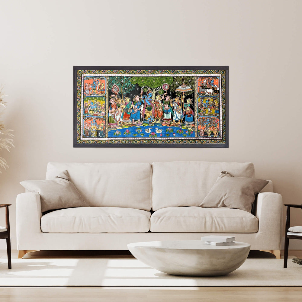 Pattachitra Painting | Radha Krishna Raas Leela and Baal Leela Story (Pond Side) - UNFRAMED - Taalapatra