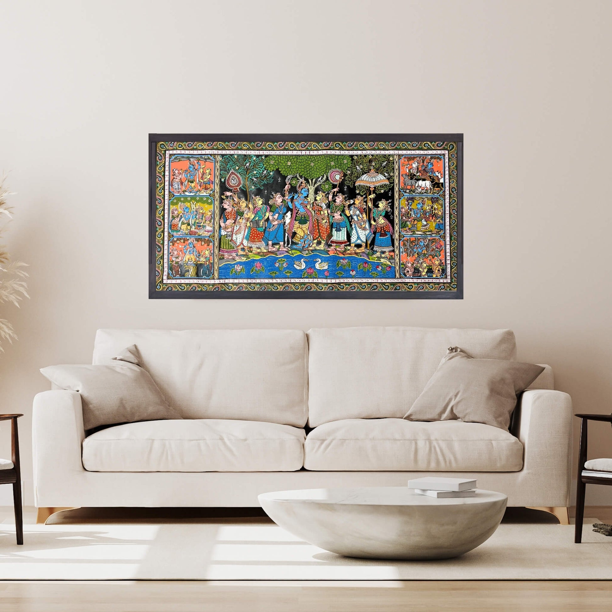 Pattachitra Painting | Radha Krishna Raas Leela and Baal Leela Story (Pond Side) - UNFRAMED - Taalapatra Vibes