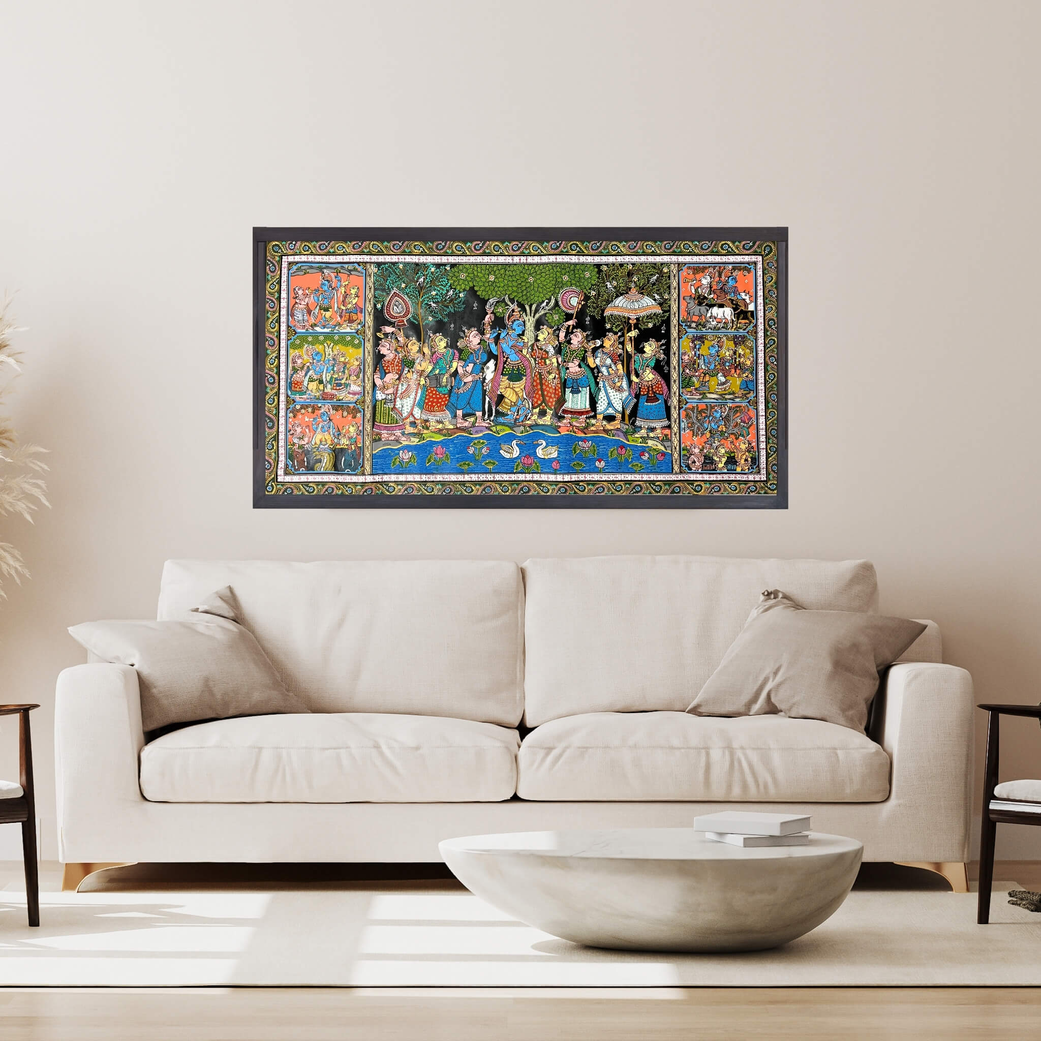 Pattachitra Painting | Radha Krishna Raas Leela and Baal Leela Story (Pond Side) - UNFRAMED - Taalapatra Vibes