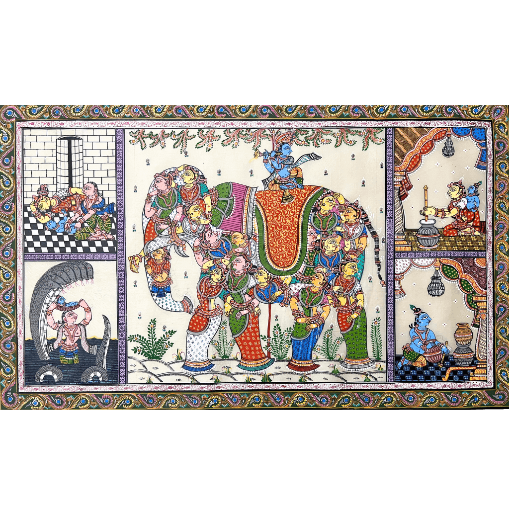 Pattachitra Painting | Sri Krishna on Kunja Haati & intertwined Gopis - UNFRAMED - Taalapatra