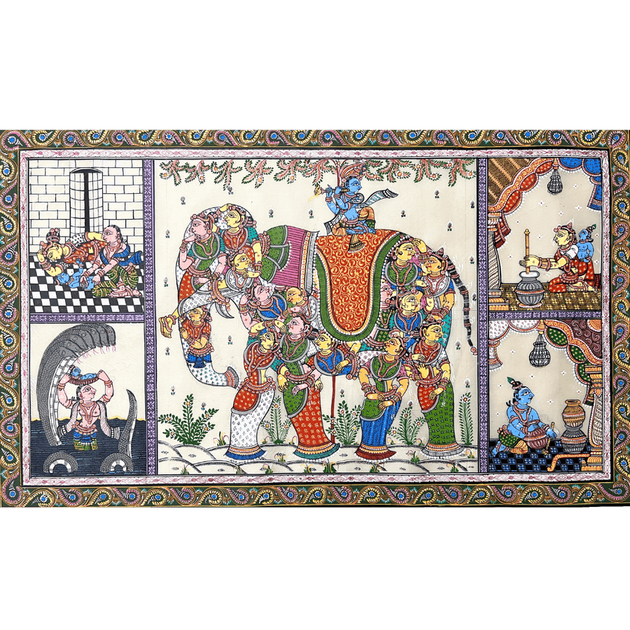Pattachitra Painting | Sri Krishna on Kunja Haati & intertwined Gopis - UNFRAMED - Taalapatra