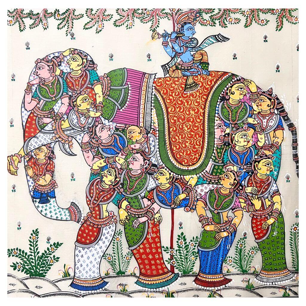 Pattachitra Painting | Sri Krishna on Kunja Haati & intertwined Gopis - UNFRAMED - Taalapatra