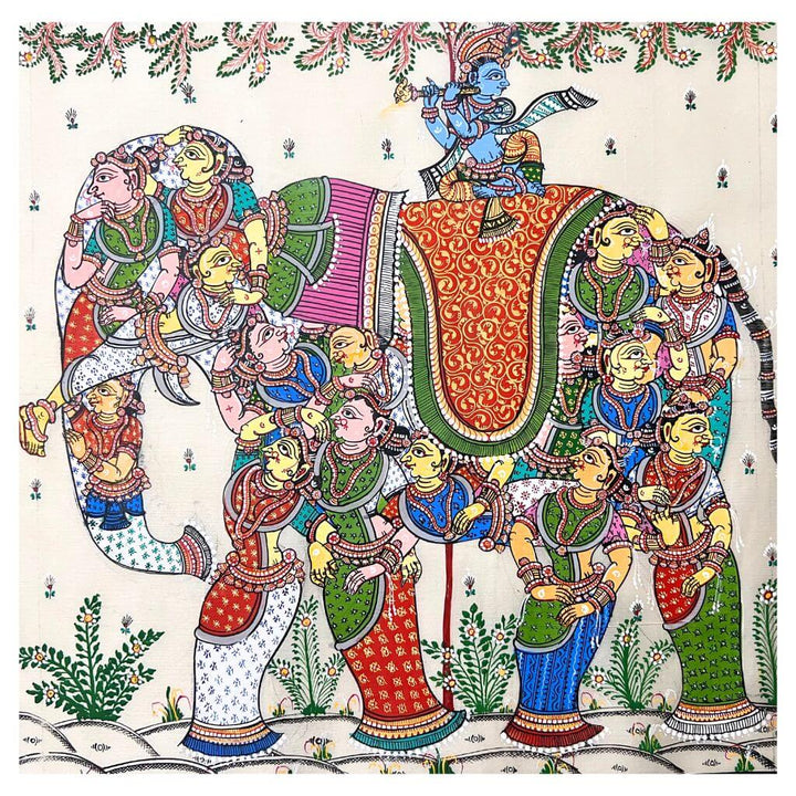 Pattachitra Painting | Sri Krishna on Kunja Haati & intertwined Gopis - UNFRAMED - Taalapatra