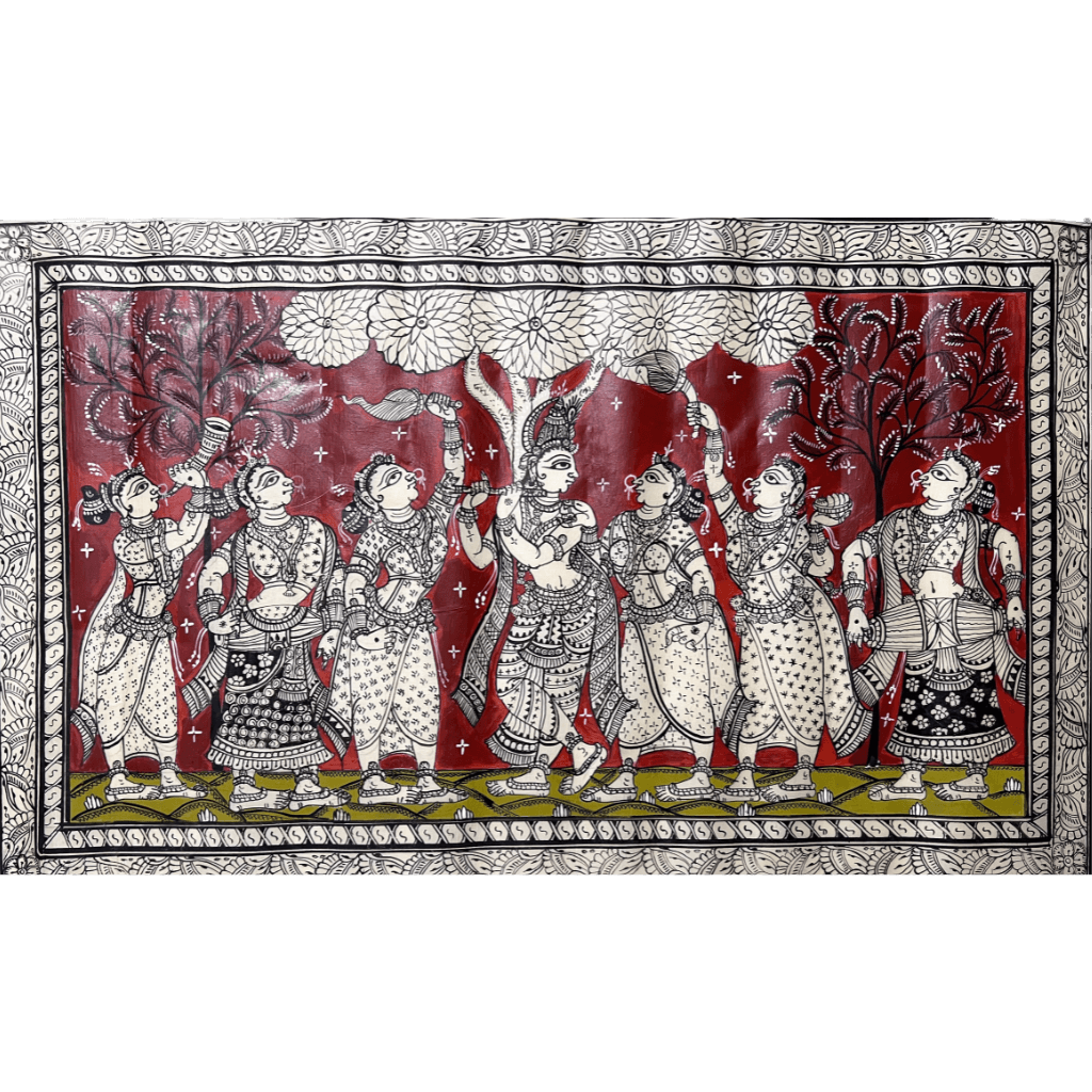 Pattachitra Painting | Radha Krishna Raas Leela (Red Background) - UNFRAMED - Taalapatra Vibes