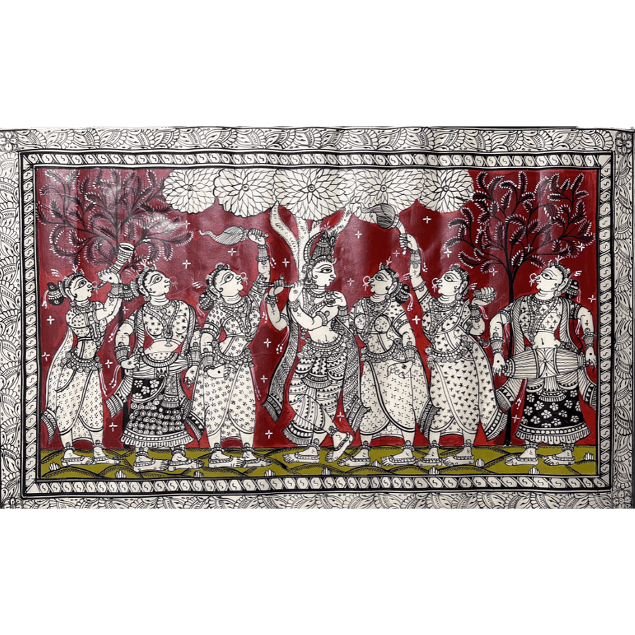 Pattachitra Painting | Radha Krishna Raas Leela (Red Background) - UNFRAMED - Taalapatra