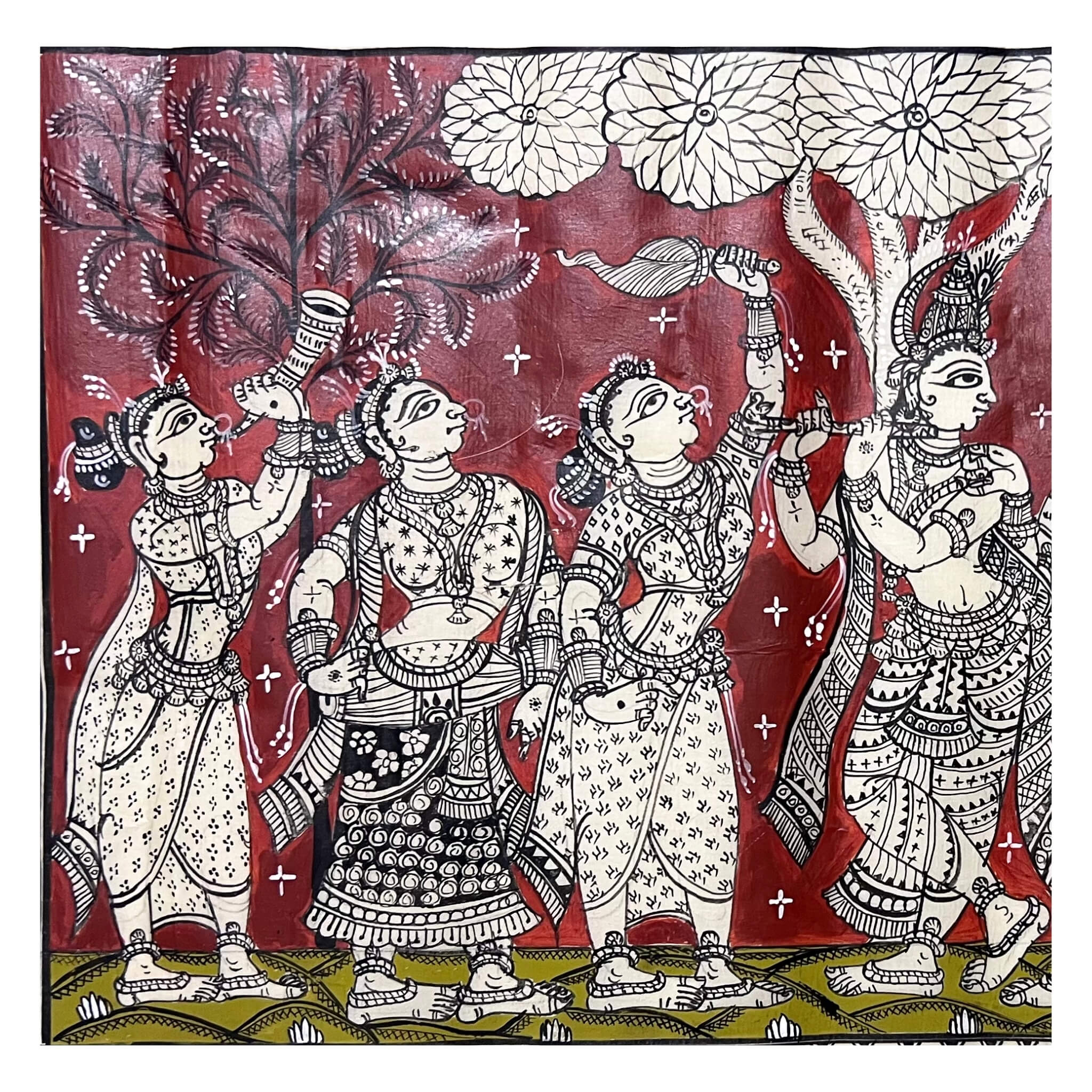 Pattachitra Painting | Radha Krishna Raas Leela (Red Background) - UNFRAMED - Taalapatra Vibes