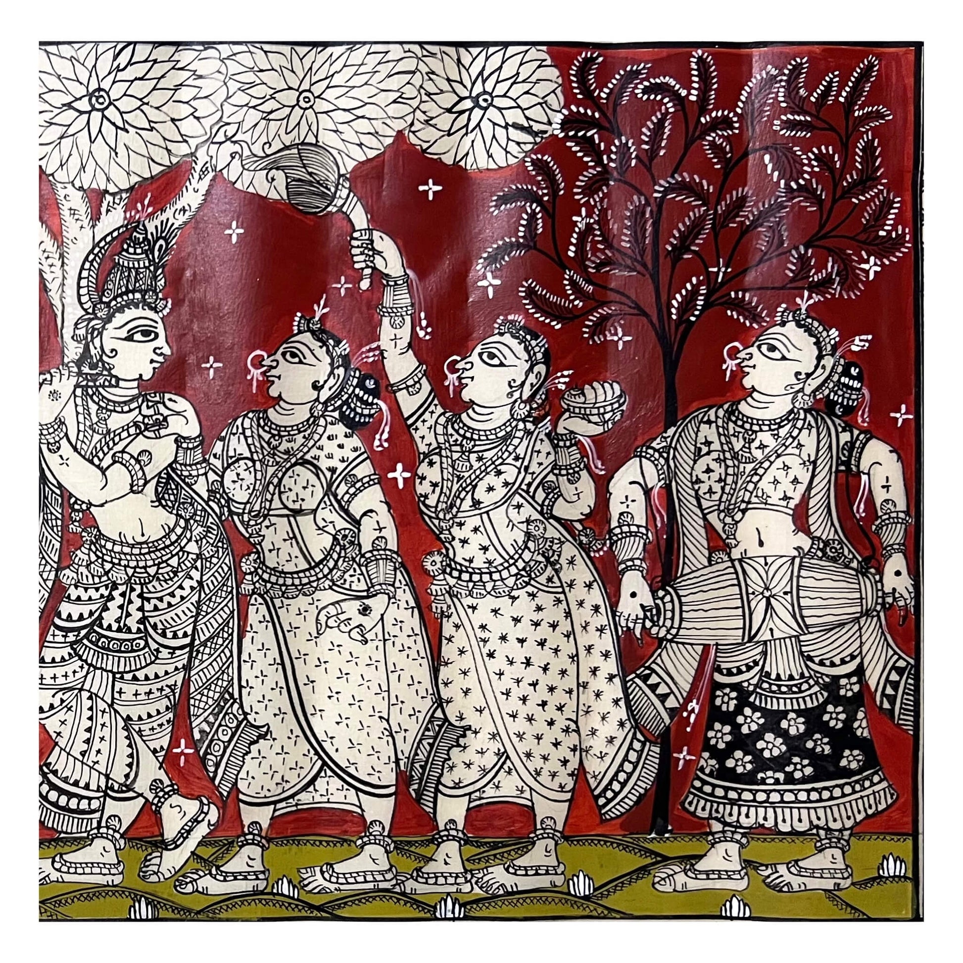 Pattachitra Painting | Radha Krishna Raas Leela (Red Background) - UNFRAMED - Taalapatra Vibes