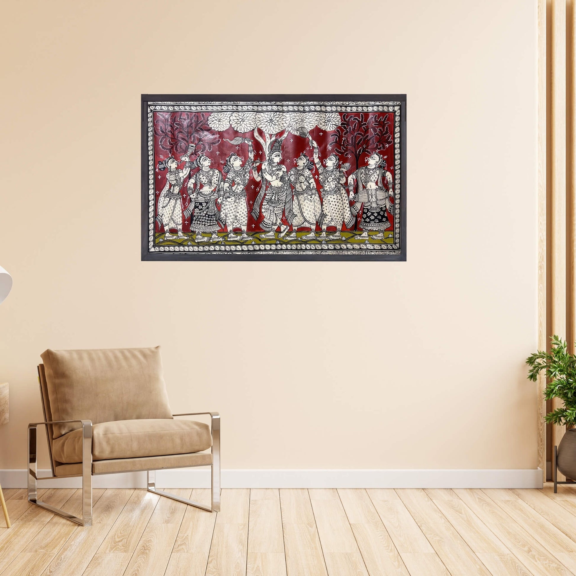 Pattachitra Painting | Radha Krishna Raas Leela (Red Background) - UNFRAMED - Taalapatra Vibes