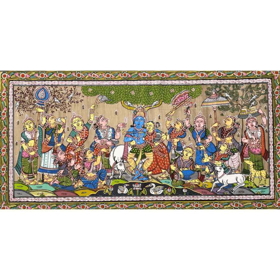 Pattachitra Painting | Radha Krishna Raas Leela (Pond Side) - UNFRAMED - Taalapatra