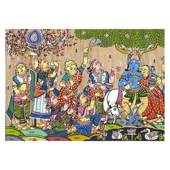 Pattachitra Painting | Radha Krishna Raas Leela (Pond Side) - UNFRAMED - Taalapatra