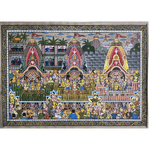 Pattachitra Painting of "Shri Jagannath Rath Yatra – Balabhadra, Jagannath and Subhadra on Chariots" on Tussar Silk