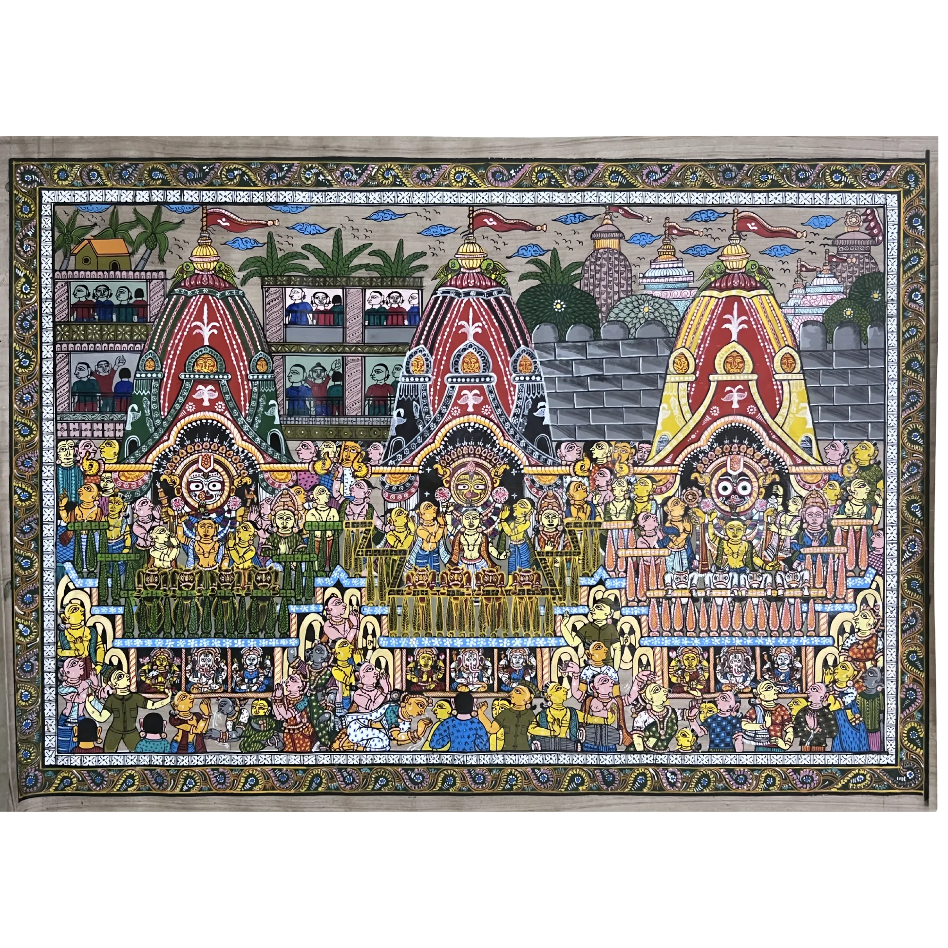 Pattachitra Painting of "Shri Jagannath Rath Yatra – Balabhadra, Jagannath and Subhadra on Chariots" on Tussar Silk