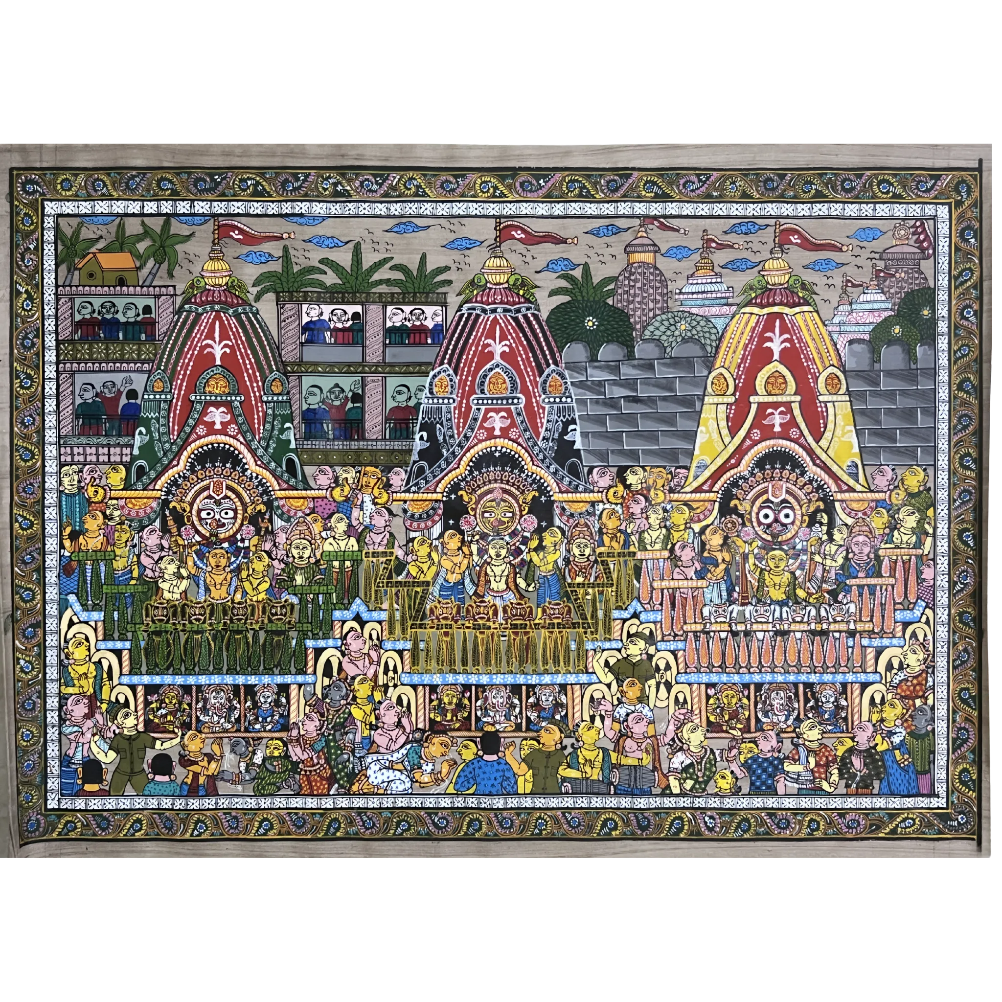 Pattachitra Painting of "Shri Jagannath Rath Yatra – Balabhadra, Jagannath and Subhadra on Chariots" on Tussar Silk