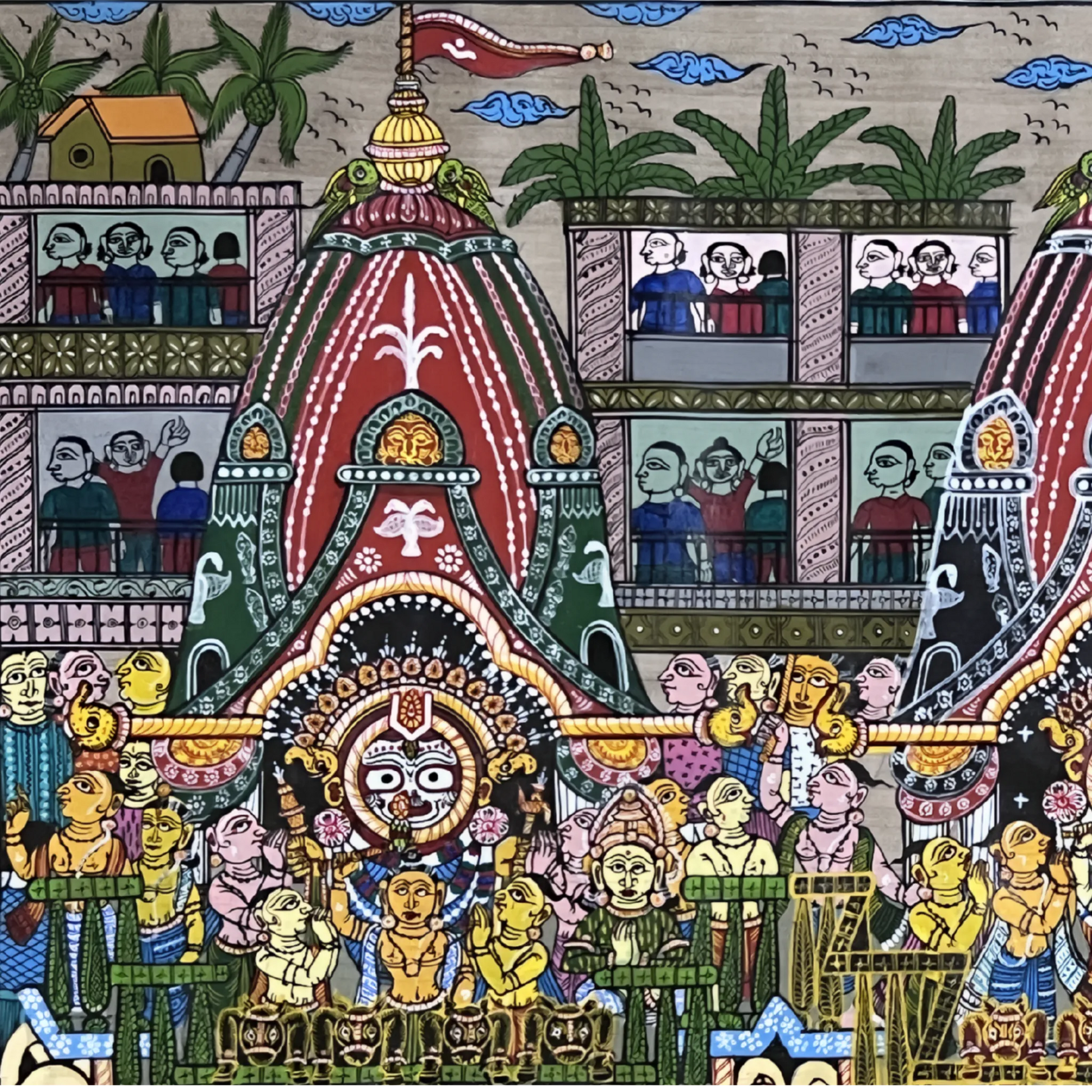 Pattachitra Painting of "Shri Jagannath Rath Yatra – Balabhadra, Jagannath and Subhadra on Chariots" on Tussar Silk