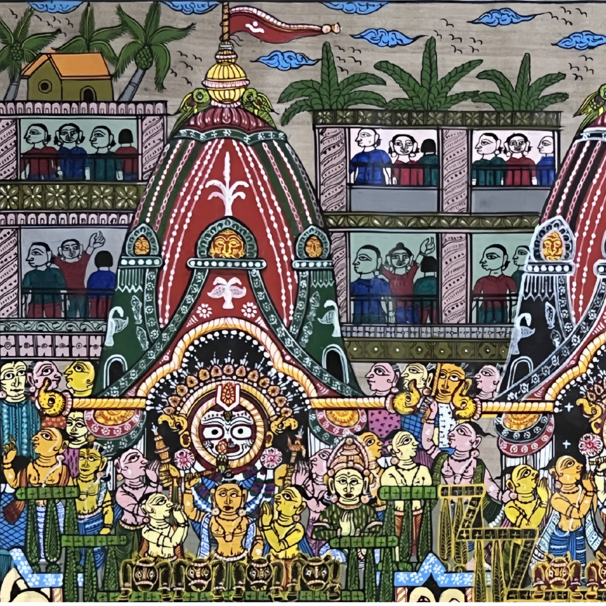 Pattachitra Painting of "Shri Jagannath Rath Yatra – Balabhadra, Jagannath and Subhadra on Chariots" on Tussar Silk