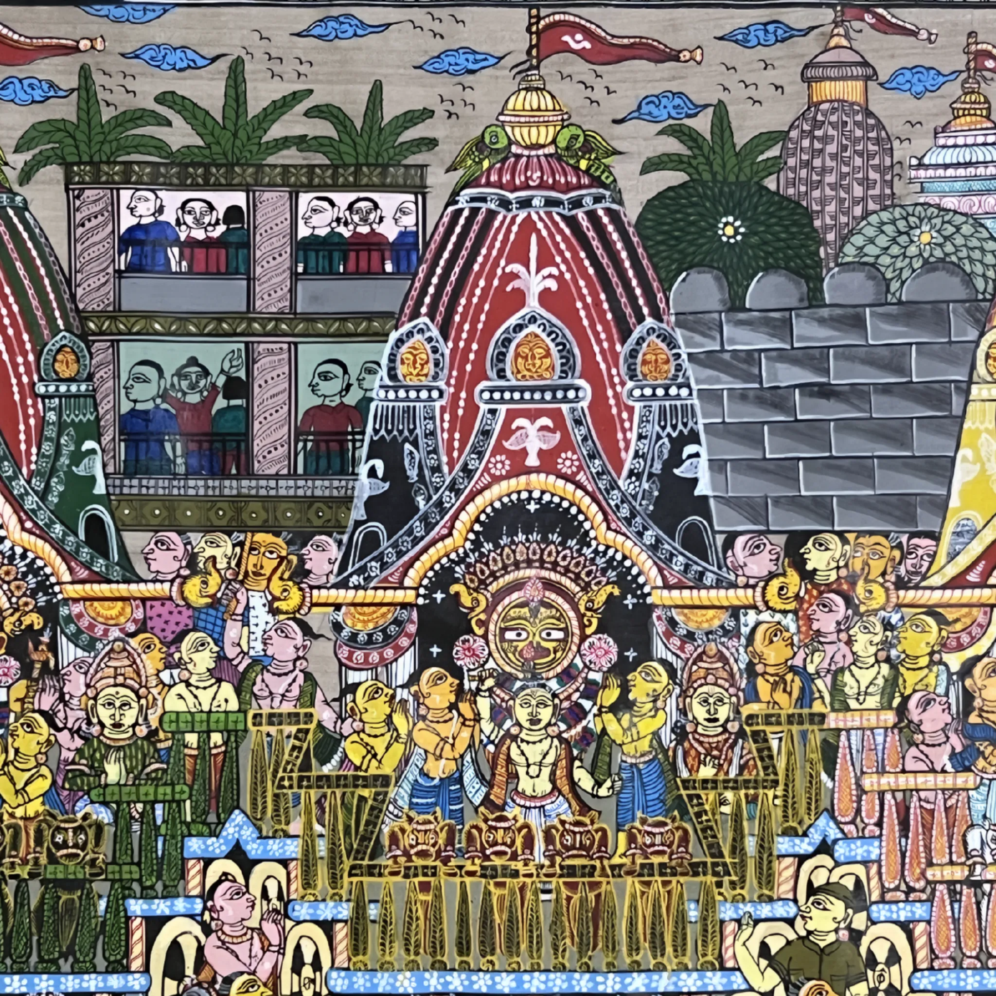 Pattachitra Painting of "Shri Jagannath Rath Yatra – Balabhadra, Jagannath and Subhadra on Chariots" on Tussar Silk