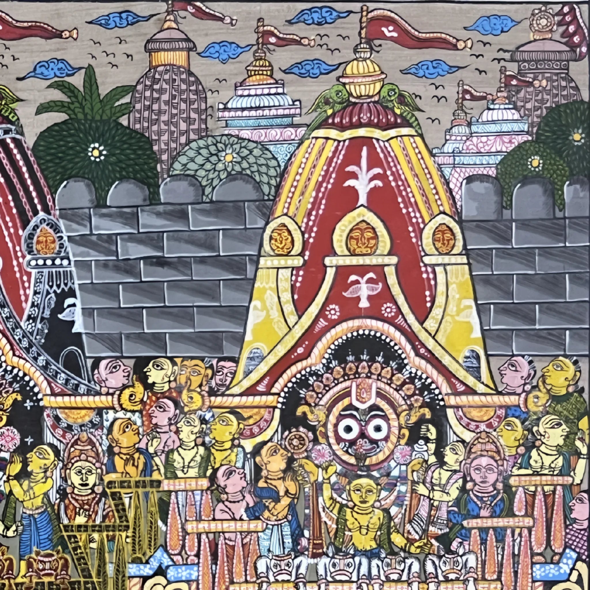 Pattachitra Painting of "Shri Jagannath Rath Yatra – Balabhadra, Jagannath and Subhadra on Chariots" on Tussar Silk