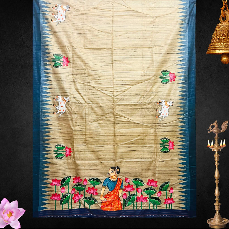Hand Painted Pattachitra | Tussar Silk Saree - Dark Beige (Ghee Colour) - Taalapatra