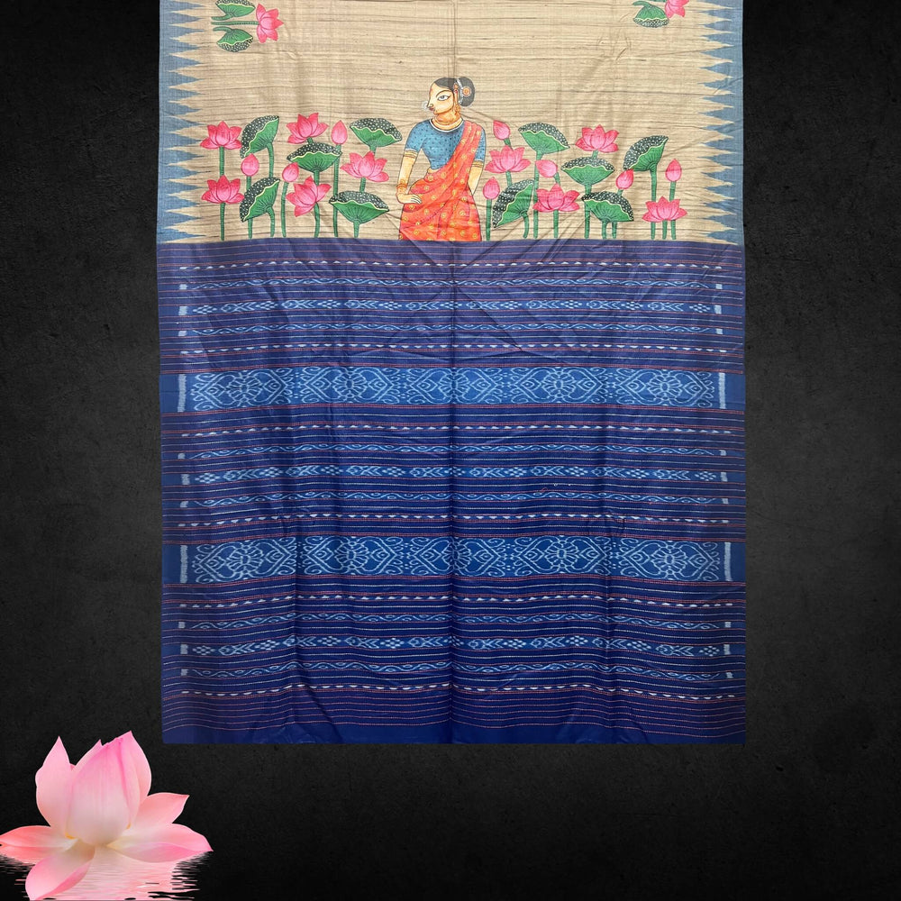 Hand Painted Pattachitra | Tussar Silk Saree - Dark Beige (Ghee Colour) - Taalapatra
