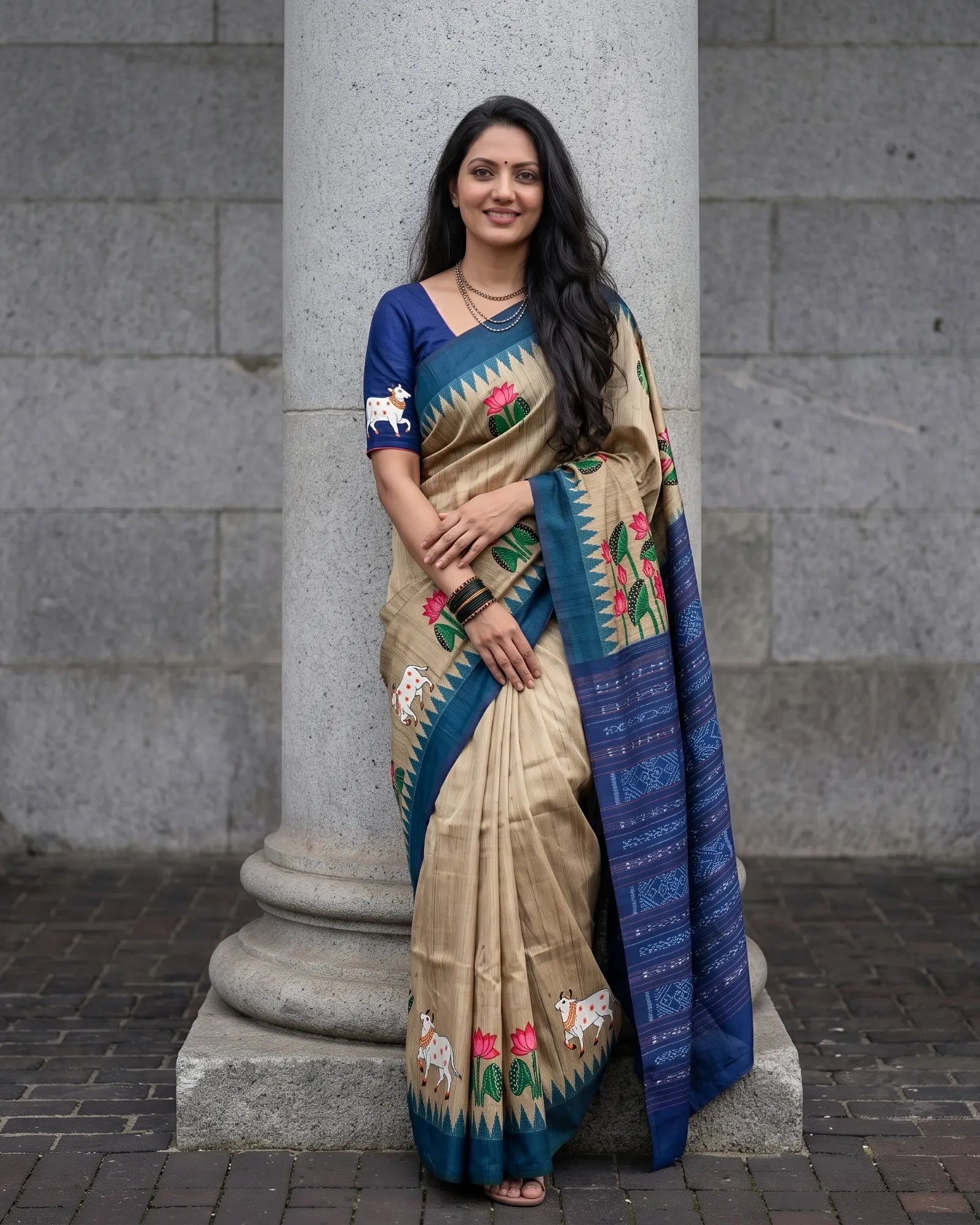 Hand Painted Pattachitra | Tussar Silk Saree - Dark Beige (Ghee Colour) - Taalapatra Vibes