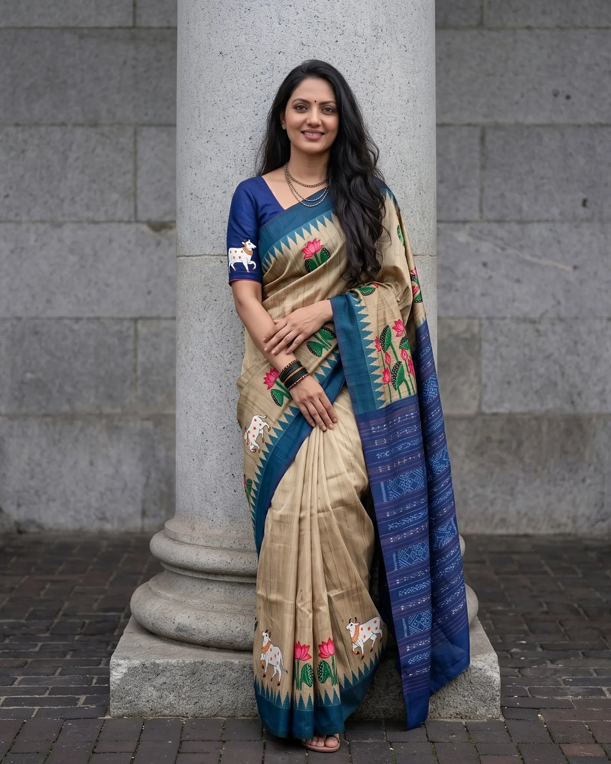 Hand Painted Pattachitra | Tussar Silk Saree - Dark Beige (Ghee Colour) - Taalapatra Vibes