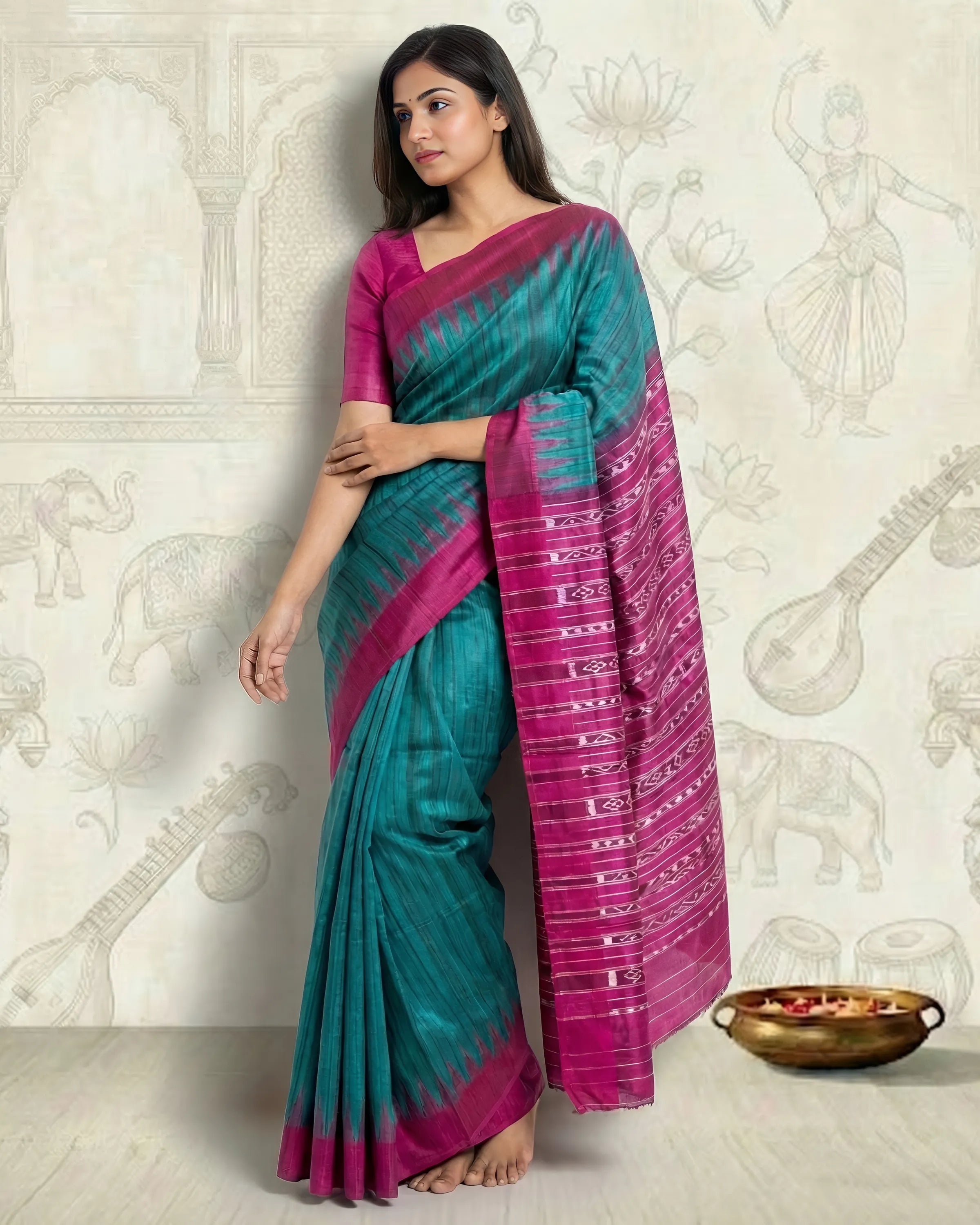 Handwoven Pure Tussar Silk Saree - Peacock Blue Colour