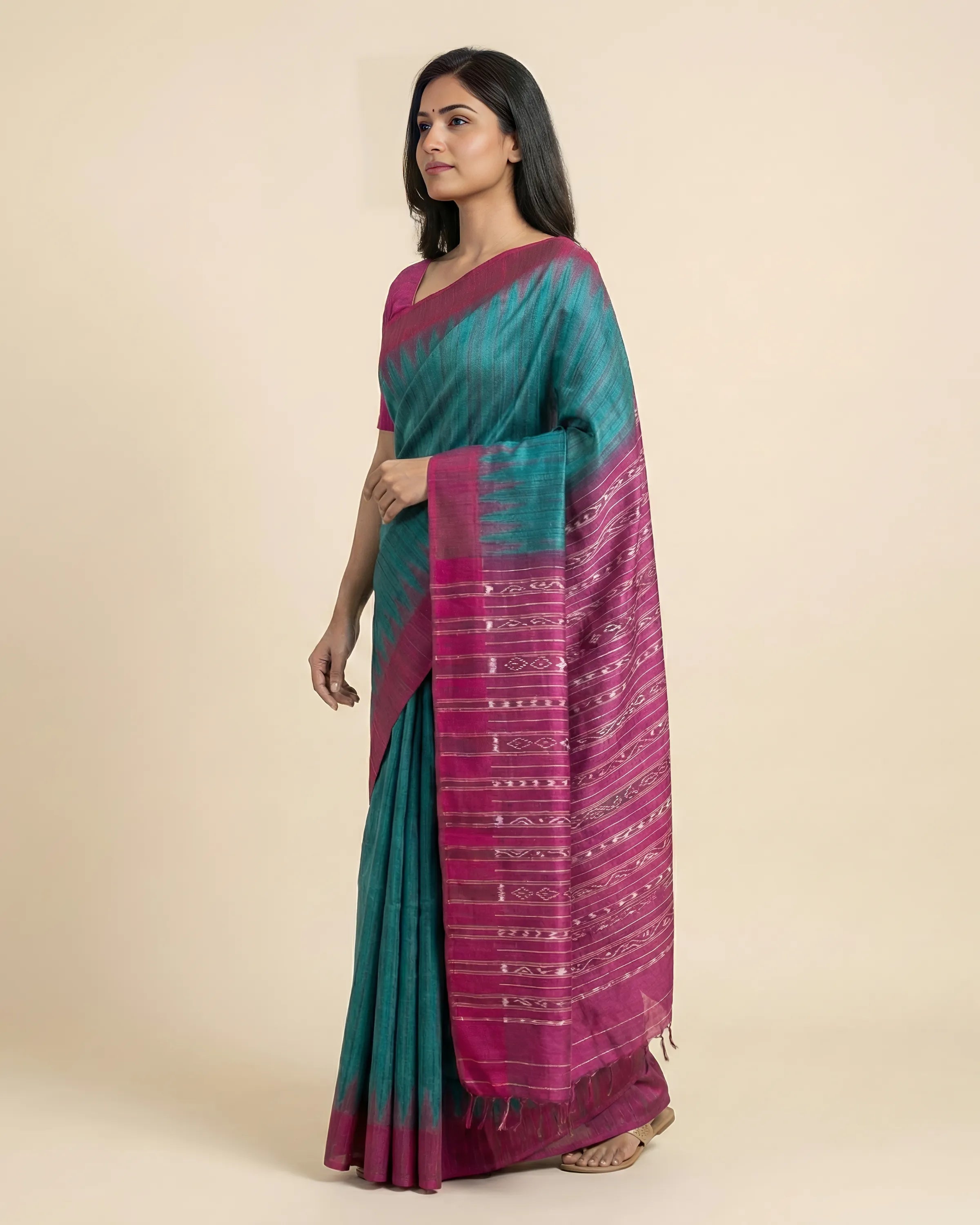 Handwoven Pure Tussar Silk Saree - Peacock Blue Colour